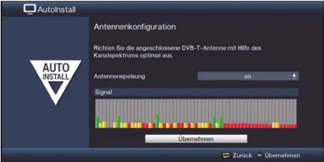 AutoInstall Antennenkonfiguration Richten Sie die angeschlossene DVB-T-Antenne mit Hilfe des Kanalspektrums optimal aus. Antennenspeisung an Signal Übernehmen Zurück Übernehmen
