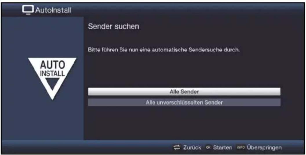 AutoInstall Sender suchen Bitte führen Sie nun eine automatische Sendersuche durch. AUTO INSTALL Alle Sender Alle unverschlüsselten Sender Zurück OK Starten INFO Überspringen