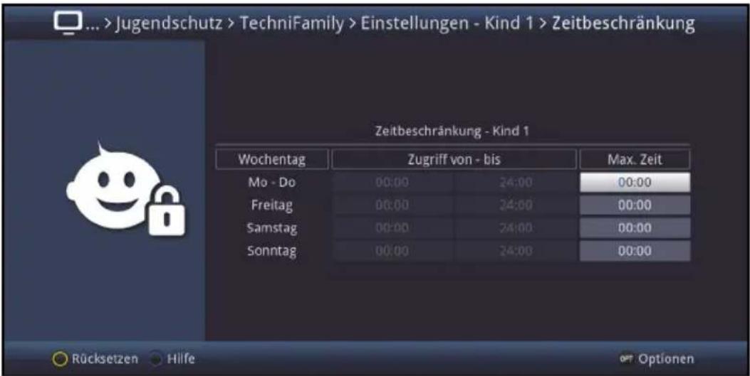 ... >Jugendschutz > TechniFamily > Einstellungen - Kind 1 > Zeitbeschränkung Zeitbeschränkung - Kind 1 Wochentag Zugriff von - bis Max. Zeit Mo - Do 00:00 24:00 00:00 Freitag 00:00 24:00 00:00 Samstag 00:00 24:00 00:00 Sonntag 00:00 24:00 00:00 Rücksetzen Hilfe Options