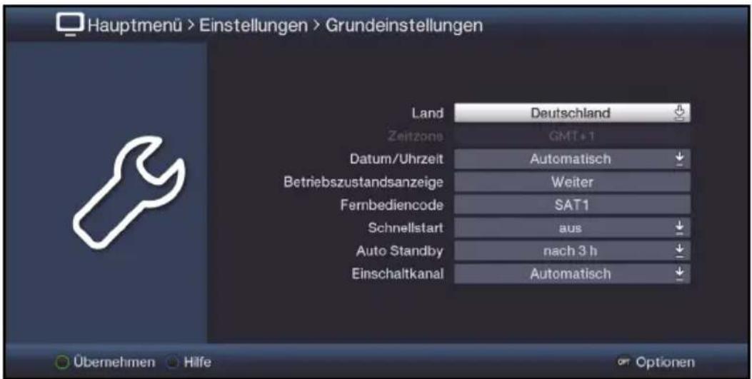 Hauptmenü > Einstellungen > Grundeinstellungen Land Deutschland Zeitzone GMT+1 Datum/Uhrzeit Automatisch Betriebszustandsanzeige Weiter Fernbediencode SAT1 Schnellstart aus Auto Standby nach 3 h Einschaltkanal Automatisch Übernehmen Hilfe Optionen