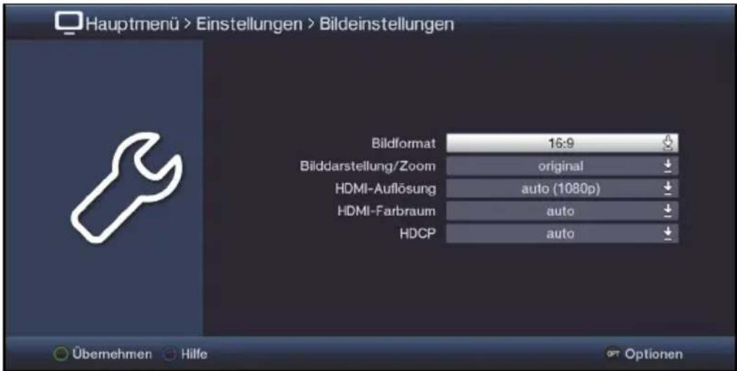 Hauptmenü > Einstellungen > Bildeinstellungen Bildformat 16:9 Bilddarstellung/Zoom original HDMI-Auflösung auto (1080p) HDMI-Farbraum auto HDCP auto Übemehmen Hilfe Optionen