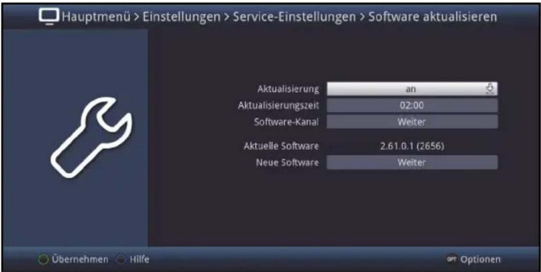 Hauptmenü > Einstellungen > Service-Einstellungen > Software aktualisieren Aktualisierung an Aktualisierungszeit 02:00 Software-Kanal Weiter Aktuelle Software 2.61.0.1 (2656) Neue Software Weiter Übernehmen Hilfe OFF Optionen