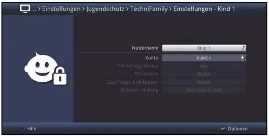 ... > Einstellungen > Jugendschutz > TechniFamily > Einstellungen - Kind 1 Nutzername Kind 1 Konto Inaktiv PIN-Abfrage-Modus Aus PIN ändern Weiter Zugriffsbeschränkungen Weiter Zeitbeschränkung Max. bestchränks Hilfe Optionen