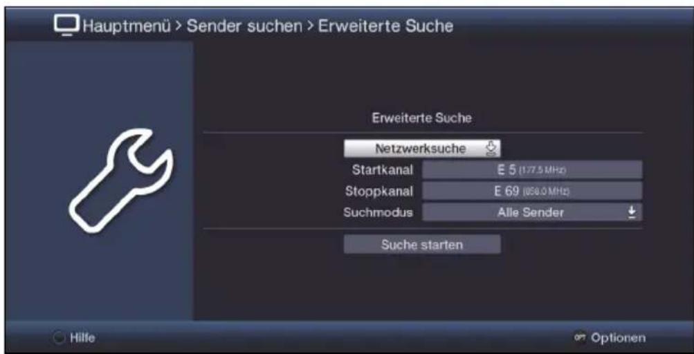 Hauptmenü > Sender suchen > Erweiterte Suche Erweiterte Suche Netzwerksuche Startkanal E 5 (177.5 MHz) Stoppkanal E 69 (836.0 MHz) Suchmodus Alle Sender Suche starten Hilfe Optionen