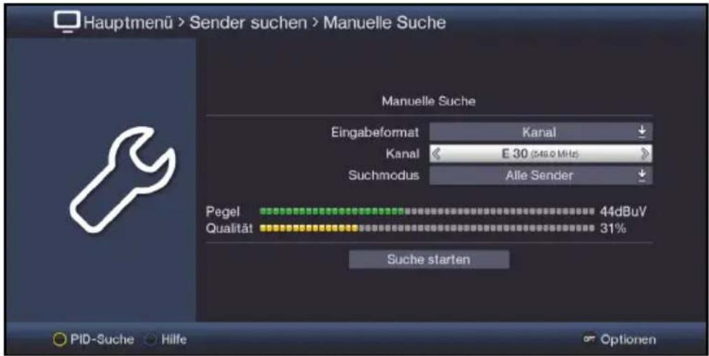 Hauptmenü > Sender suchen > Manuelle Suche Manuelle Suche Eingabeformat Kanal Kanal E 30 (546.0 MHz) Suchmodus Alle Sender Pegel 44dBuV Qualität 31% Suche starten PID-Suche Hilfe Optionen