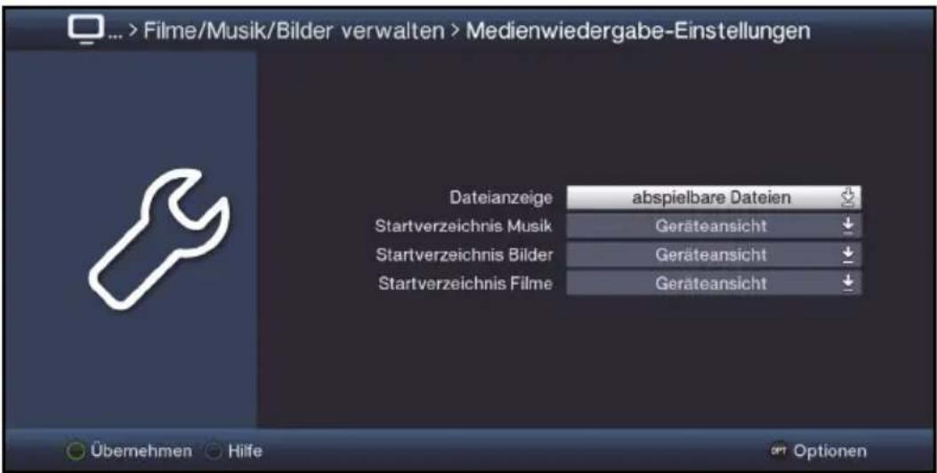 ... > Filme/Musik/Bilder verwalten > Medienwiedergabe-Einstellungen Dateianzeige abspielbare Dateien Startverzeichnis Musik Geräteansicht Startverzeichnis Bilder Geräteansicht Startverzeichnis Filme Geräteansicht Übernehmen Hilfe Optionen