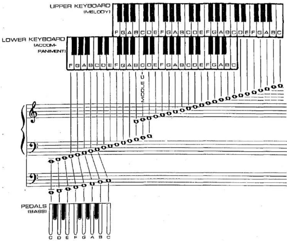 UPPER KEYBOARD (MELODY) F G A B C D E F G A B C D E F G A B C D E F G A B C LOWER KEYBOARD (ACCOM- PANIMENT) F G A B C D E F G A B C D E F G A B C MODLE PEDALS (BASSI) C D E F G A B C