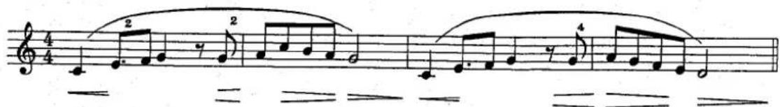 Musical notation with treble and bass clefs, showing notes and rests in 4/4 time signature