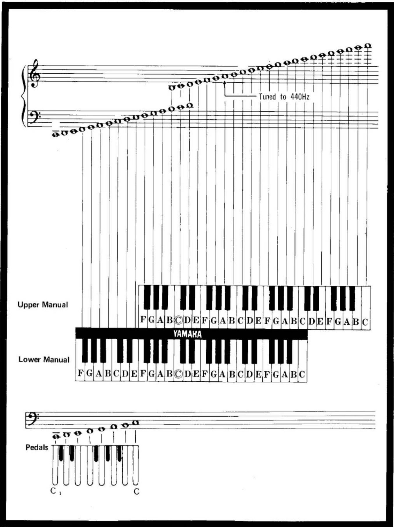 Tuned to 440Hz Upper Manual F G A B © D E F G A B C D E F G A B C D E F G A B C YAMAHA Lower Manual F G A B C D E F G A B C D E F G A B C Pedals C₁ C