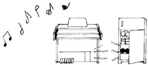 Hand-drawn diagram showing a piano with musical notes and sound waves, alongside an open refrigerator with sound equipment.