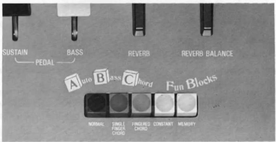 SUSTAIN PEDAL BASS REVERB REVERB BALANCE Auto Blass Chord Fun Blocks NORMAL SINGLE FINGER CHORD FINGERED CHORD CONSTANT MEMORY