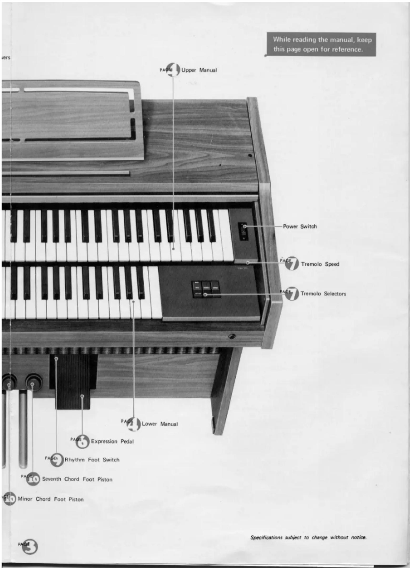 While reading the manual, keep this page open for reference. PAGE Upper Manual Power Switch PAGE Tremolo Speed PAGE Tremolo Selectors PAGE Lower Manual PAGE Expression Pedal PAGE Rhythm Foot Switch PAGE Seventh Chord Foot Piston PAGE Minor Chord Foot Piston Specifications subject to change without notice.