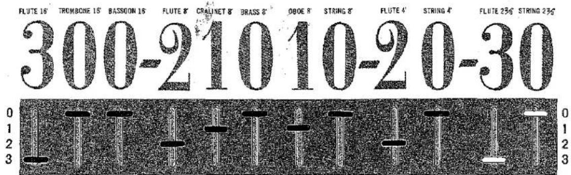 FLUTE 16' TROMBONE 15' BASSOON 15' FLUTE 8' CRALINET 8' BRASS 8' OOOE 8' STRING 8' FLUTE 4' STRING 4' FLUTE 23/6' STRING 23/6' 300-21010-20-30 0 1 2 3 1 T T + + T T + T + T T 0 1 2 3