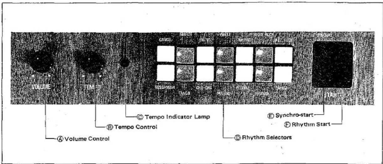 VOLUME TEMP CNCEL MND SWEY VOUT RUMBOOD PUMBOOD TEMP TEMP TEMP Tempo Indicator Lamp Tempo Control Volume Control Synchro-start Rhythm Start Rhythm Selectors