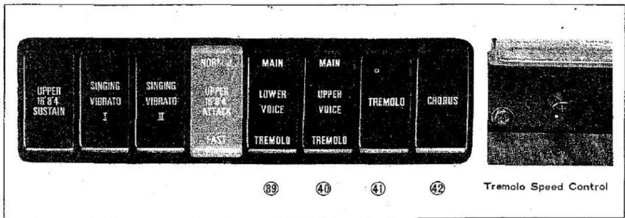 UPPER 16'84 SUSTAIN SINGING VIBRATO I SINGING VIBRATO II NORTH UPPER 16'84 ATTAGE PAS MAIN LOWER VOICE TREMOLO MAIN UPPER VOICE TREMOLO TREMOL0 CHORUS ⑧9 ④0 ④1 ④2 Tremolo Speed Control