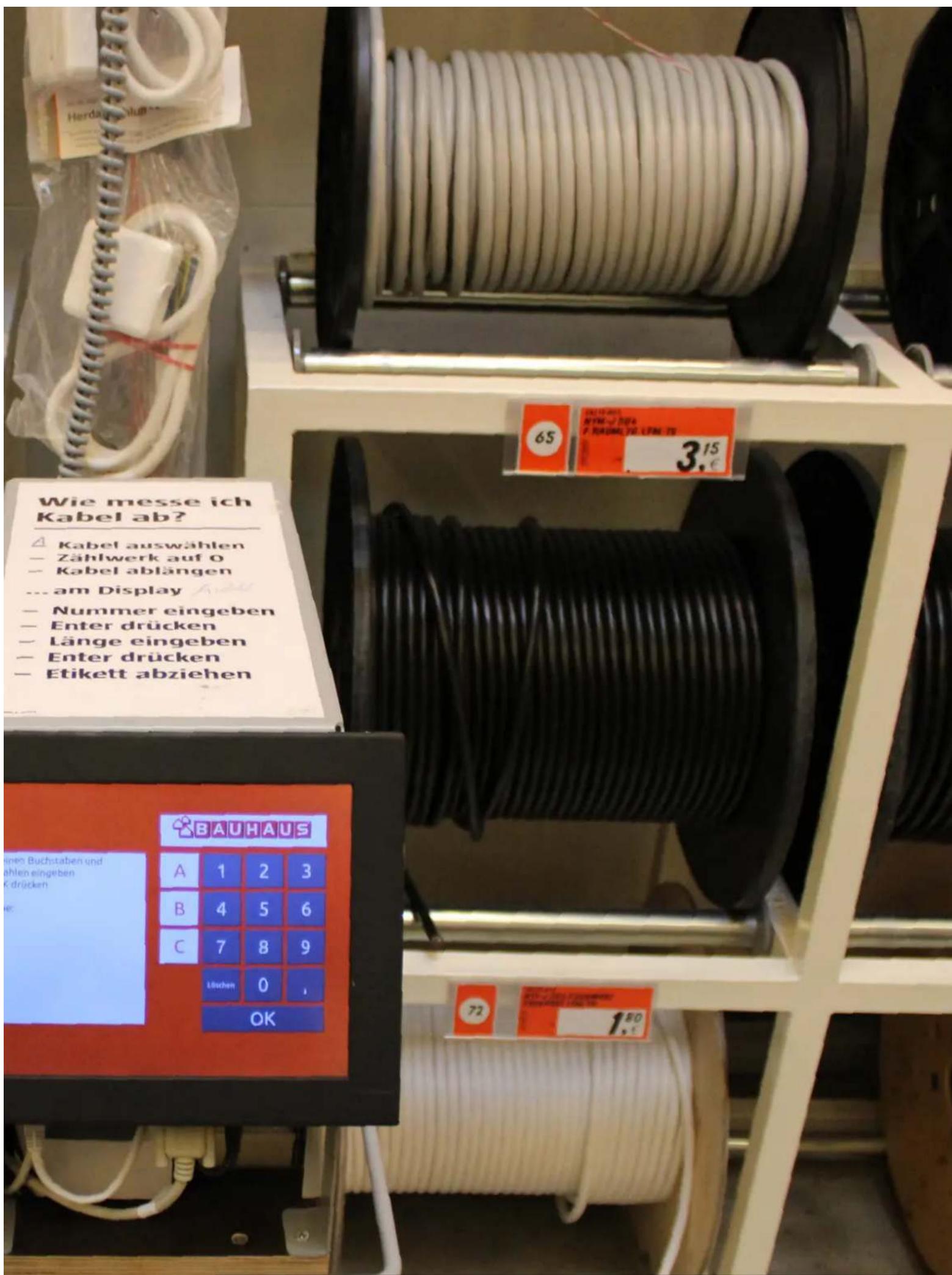 Wielmeisse ich Kabel ab? △ Kabel auswahlen - Zählwerk auf 0 - Kabel ablängen ... am Display - Nummer eingeben - Enter drücken - Länge eingeben - Enter drücken - Etikett abziehen BAUHAUS A 1 2 3 B 4 5 6 C 7 8 9 Lüchen 0, OK 65 3.15 EURAN WEN-2004 P. RAGENZIE G. LUN. 20 72 180