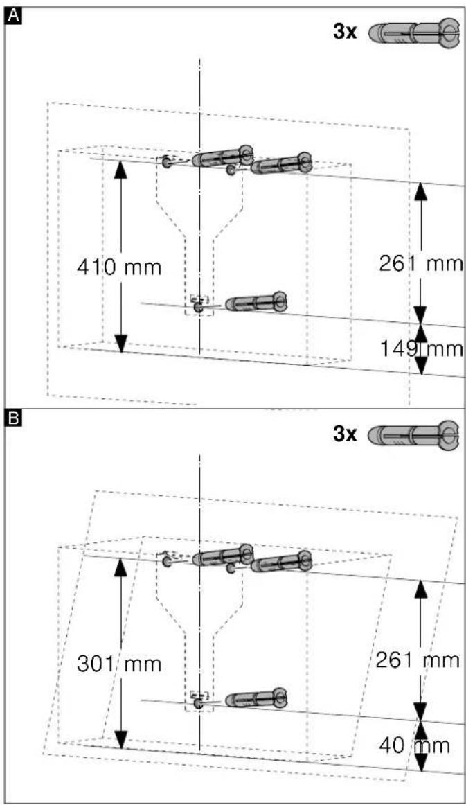 A 3x 410 mm 261 mm 149 mm B 3x 301 mm 261 mm 40 mm