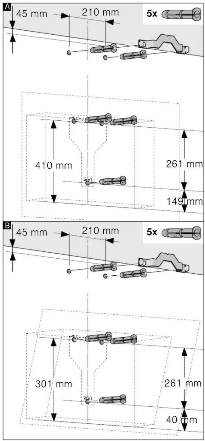 A 45 mm 210 mm 5x 410 mm 261 mm 149 mm B 45 mm 210 mm 5x 301 mm 261 mm 40 mm
