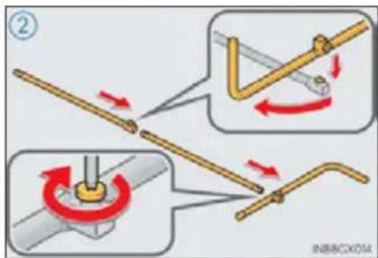 Diagram illustrating mechanical assembly steps with labeled arrows and directional arrows indicating motion or rotation.