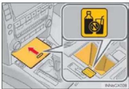 Diagram showing car interior with directional arrows and safety warning icons, including a bottle labeled 'No Off' and a smartphone.