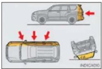 Diagram illustrating vehicle damage or damage process with labeled components and red arrows indicating damage direction