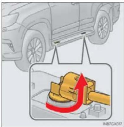 Diagram showing car exterior and vehicle door with a highlighted mechanical component, annotated with red arrows indicating motion or force.
