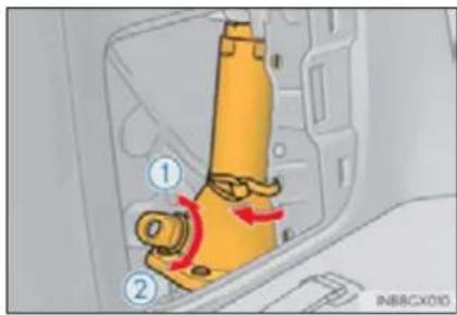 Diagram of a mechanical assembly with numbered components and directional arrows indicating motion or movement