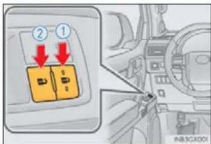 Diagram showing two labeled buttons (① and ②) pointing to a car interior, with arrows indicating direction of movement.
