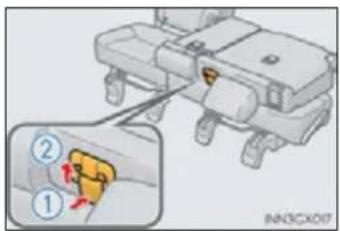 Diagram showing a mechanical device with labeled parts and an inset view of a yellow object with directional arrows indicating motion or movement.