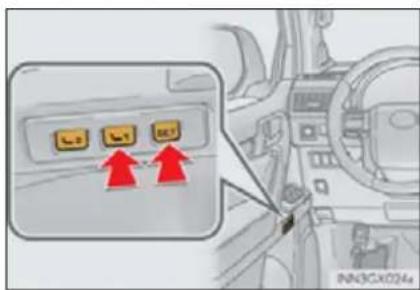 Diagram showing a vehicle control panel with three buttons and red arrows pointing to a specific button, likely indicating navigation or status.