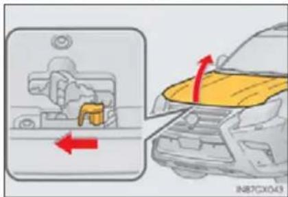 Diagram showing car interior and rearview view with red arrows indicating movement or change, labeled IN87CX043