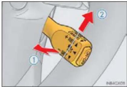 Diagram showing a device with labeled parts and directional arrows indicating movement or force, marked with numbers ① and ②.
