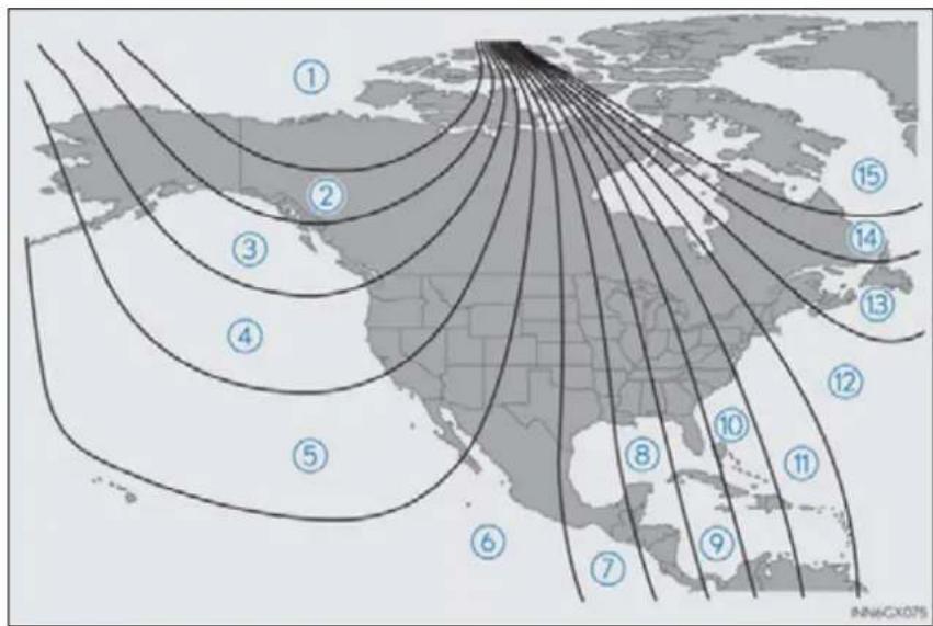 World map with numbered contour lines indicating geographic or statistical levels, likely from a scientific or engineering context.