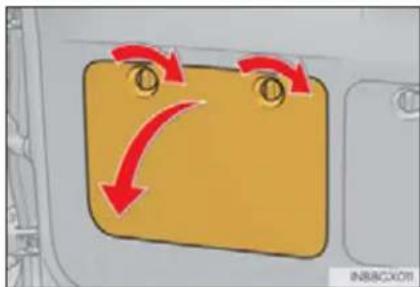 Diagram showing directional arrows and a yellow rectangular object with circular eyes, likely indicating movement or flow in a vehicle or control panel.