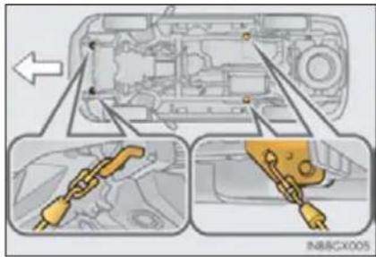 Diagram showing engine compartment with labeled components and close-ups of chain links and battery pack