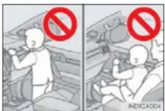 Two-panel image showing a person in a vehicle with a red prohibition symbol, and another person seated in a car with a red prohibition symbol.