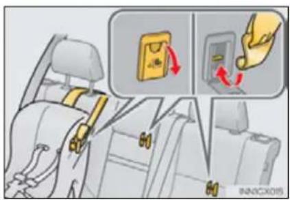 Diagram showing car seatbelt buckle adjustment with hand placement and directional arrows indicating movement
