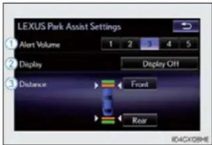 LEXUS Park Assist Settings 1 Alert Volume 1 2 3 4 5 Display Display OH Distance Front Rear ID4CX08ME