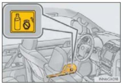 Diagram showing a car interior with a yellow warning sign and a yellow bottle, indicating no clear safety or hazard.