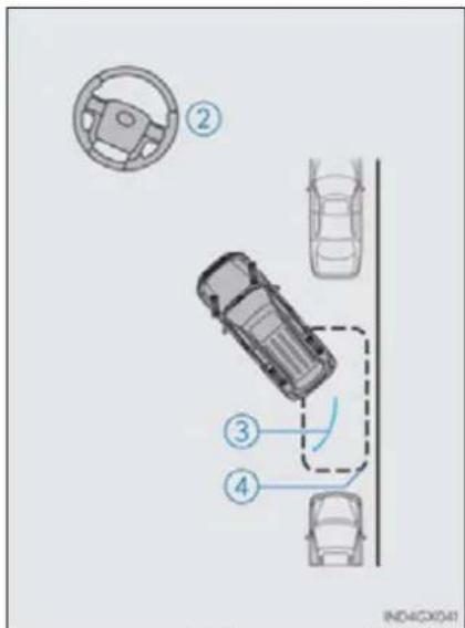 Diagram showing car steering wheel and three cars with numbered annotations indicating positions or directions.