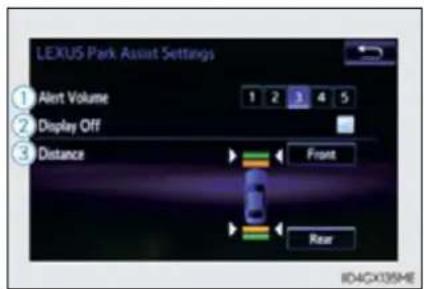 LEXUS Park Assist Settings ① Alert Volume 1 2 3 4 5 ② Display Off ③ Distance Front Rear ID4GX05ME