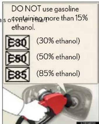 DO NOT use gasoline is of containing more than 15% ethanol. E30 (30% ethanol) E50 (50% ethanol) E85 (85% ethanol)