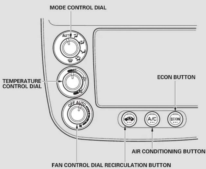MODE CONTROL DIAL AUTY 62 72 62 TEMPERATURE CONTROL DIAL OFF AUTO ECON BUTTON A/C ECON AIR CONDITIONING BUTTON FAN CONTROL DIAL RECIRCULATION BUTTON