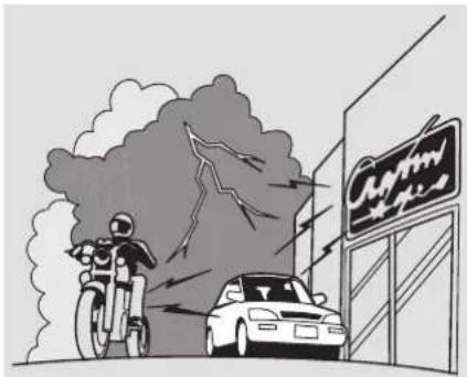 Cartoon illustration showing a motorcycle accident near a car, with a building sign reading 'Cayman' and lightning bolts indicating damage.