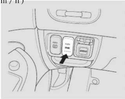Diagram of car interior control panel with labeled buttons and a black arrow pointing to the center.