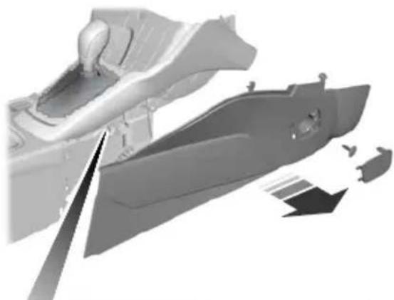 3D rendering of a car body panel with a hand pressing down, showing internal components and a directional arrow (no text or symbols)