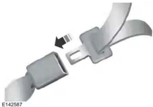 3D illustration of a car seatbelt buckle being inserted, showing a black arrow indicating the process (no text or symbols on the diagram itself)