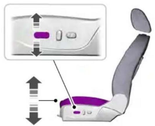 Diagram of a car seat with purple and gray buttons, showing directional arrows and a magnified view of the seat's interior.