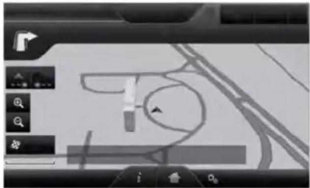 Grayscale navigation interface showing a map with arrows and a vehicle outline (no readable text or symbols)