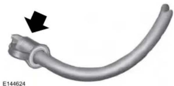 3D rendered image of a curved metallic pipe or connector with a black arrow pointing to it, labeled E144624 (no text or symbols on the object itself)